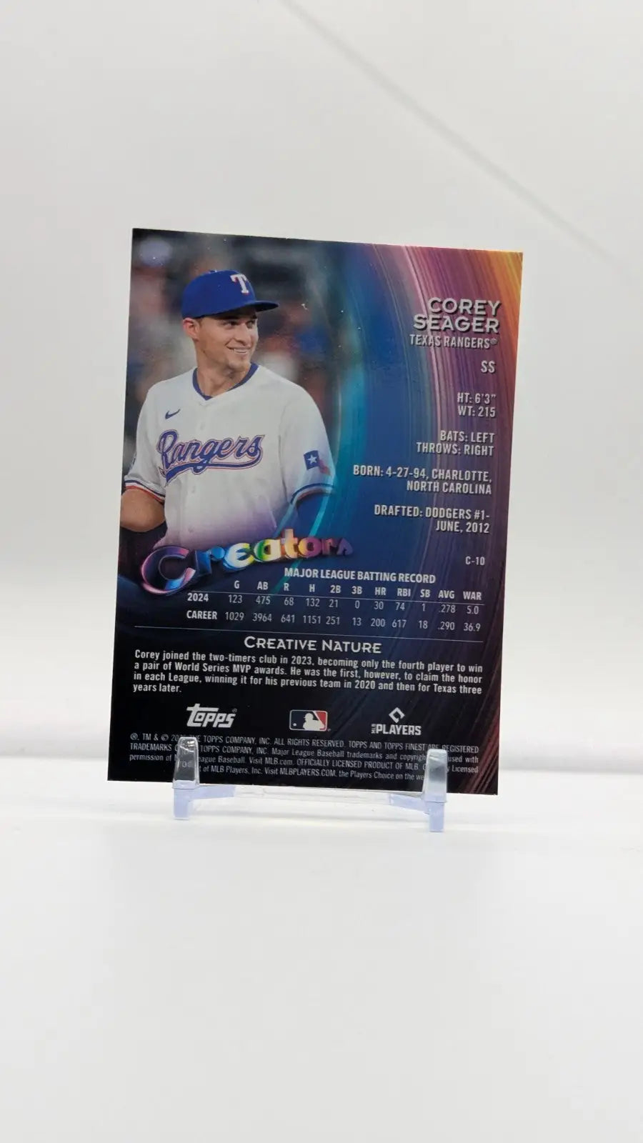 Baseball trading card of Corey Seager Texas Rangers in a penny sleeve 2025 Topps Finest