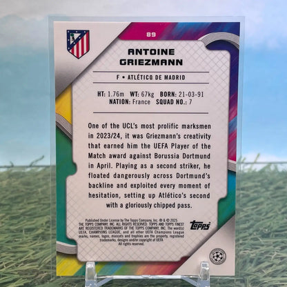 Back of a 2025 Topps Finest UEFA Antoine Griezmann Blue Refractor Card /75