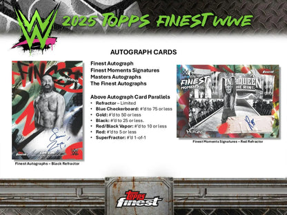 Promotional image of 2025 Topps Finest WWE Hobby autograph cards in a WWE hobby box
