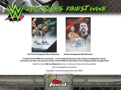 Advertisement for 2025 Topps Finest WWE Hobby trading cards with autographed refractors