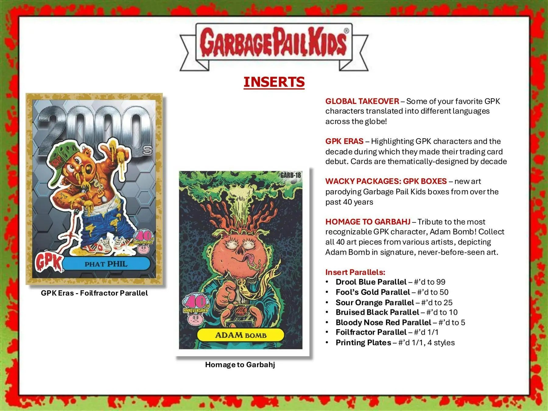 Promotional sheet with inserts for Garbage Pail Kids trading cards in 2025 Topps GPK box