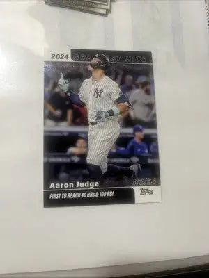 Aaron Judge trading card from 2025 Topps Greatest Hits series featuring 2024 highlights