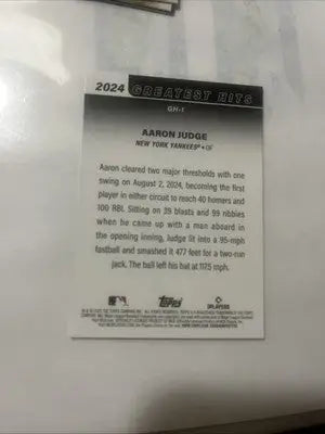 2025 Topps Aaron Judge trading card from Greatest Hits series featuring legendary baseball player