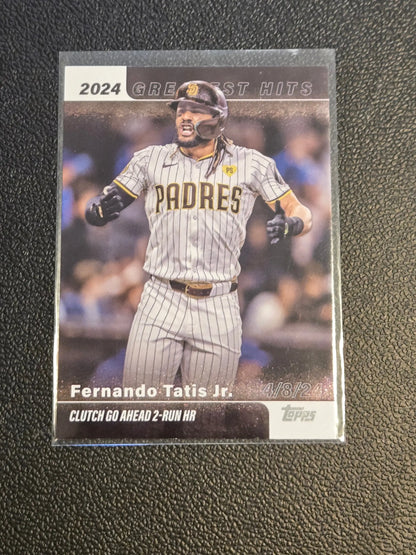 Fernando Tatis Jr. 2024 Greatest Hits baseball card in protective sleeve for 2025 Topps
