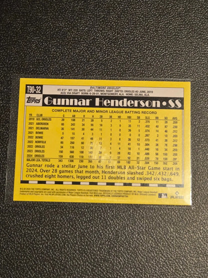 Baseball trading card of Gunnar Henderson from 2025 Topps Gunnar Henderson 1990 Topps Baseball 35th Anniversary series