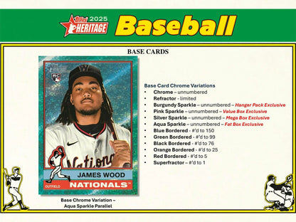 2025 Topps Heritage Baseball Mega Box shows baseball card variations including base cards and card chrome