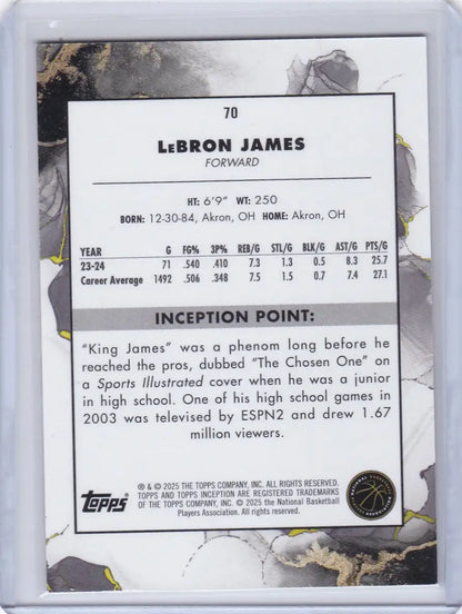LeBron James NBA trading card from Topps Inception featuring Los Angeles Lakers player