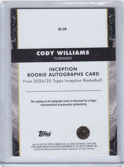 Cody Williams auto basketball card from Topps Inception featuring Cody Williams rookie autograph