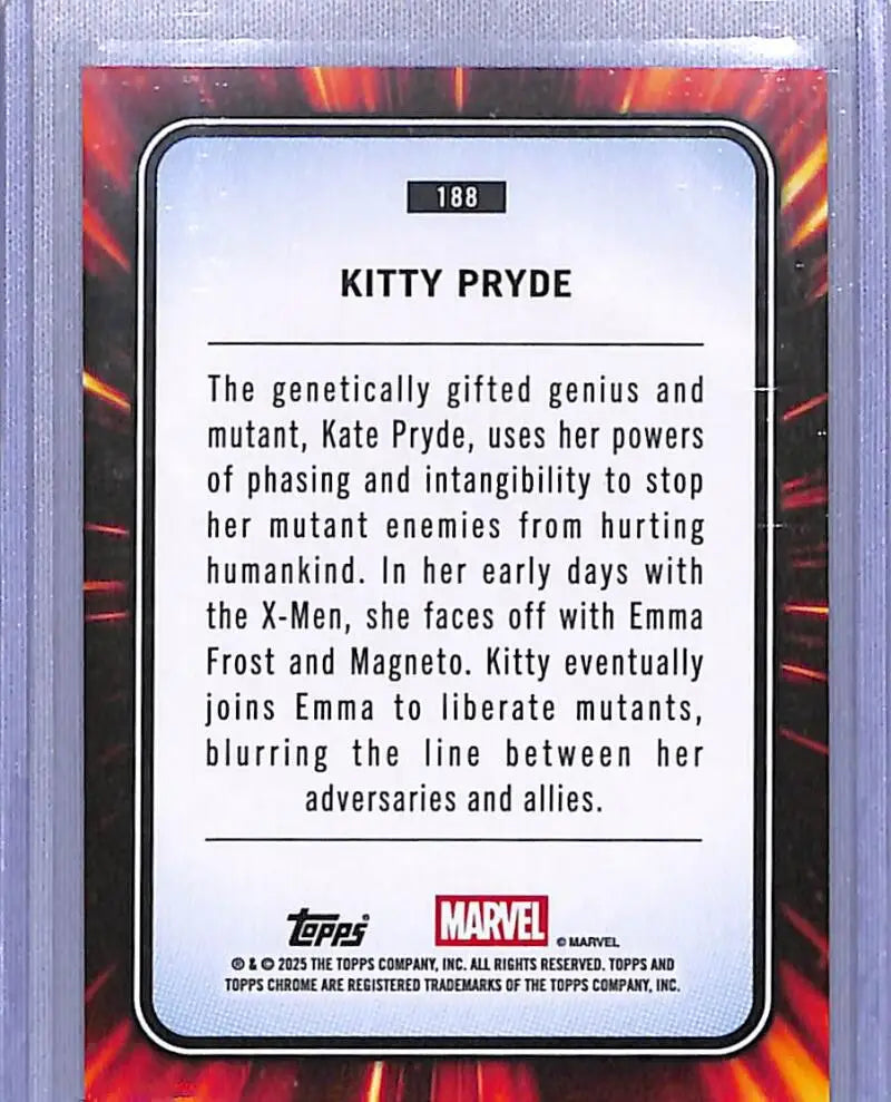 Kitty Pryde trading card from 2025 Topps Marvel Chrome series showcasing Marvel character