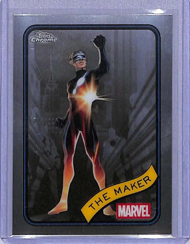 The Maker Marvel trading card from 2025 Topps Marvel Chrome series on display