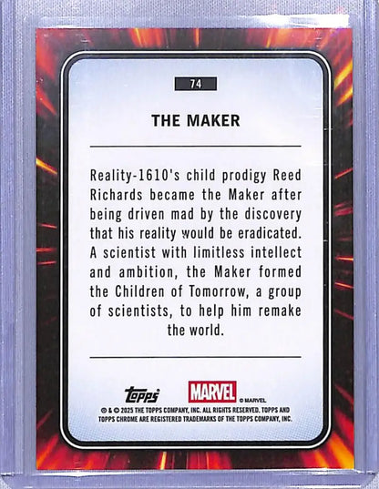 Trading card with character description from 2025 Topps Marvel Chrome #74 The Maker NM-MT