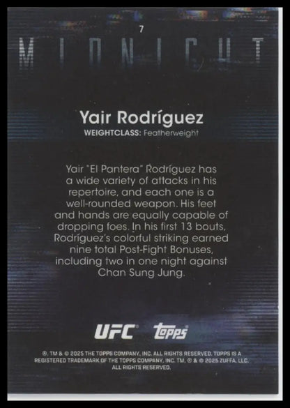 Trading card of Yair Rodríguez from Topps Midnight UFC showcasing his fighting style and achievements