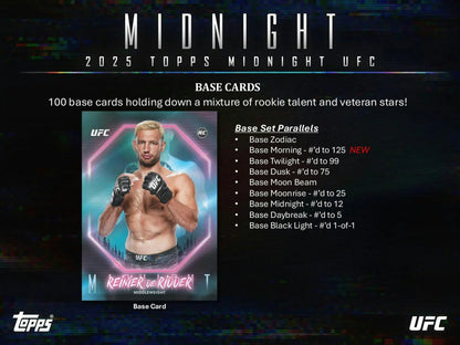 Promotional image for 2025 Topps Midnight UFC black light base cards and parallels