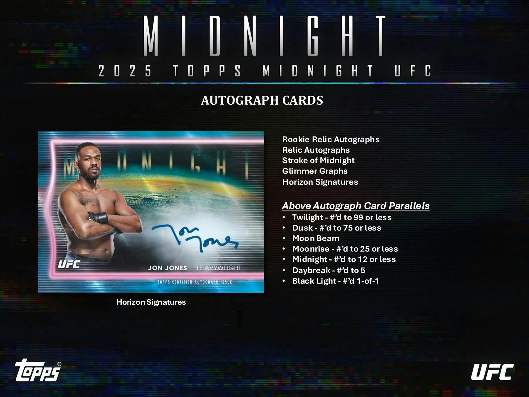2025 Topps Midnight UFC hobby box featuring black light Jon Jones Horizon Signatures autograph card