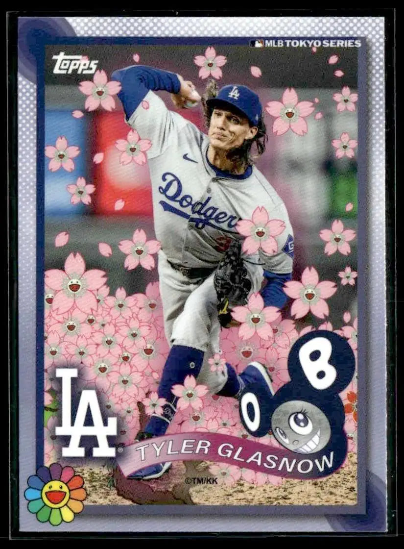 Baseball trading card featuring pitcher Tyler Glasnow with cherry blossoms from Topps MLB World Tour Tokyo Series