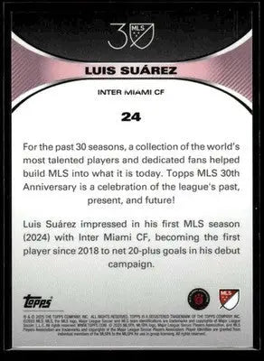 Back of a Luis Suárez Inter Miami CF soccer card from 2025 Topps MLS 30th Anniversary Collection