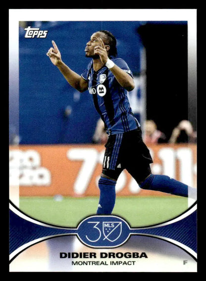 Soccer trading card featuring Didier Drogba in blue Montreal Impact jersey from 2025 Topps MLS 30th Anniversary Collection