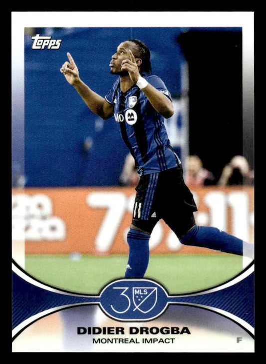 Soccer trading card featuring Didier Drogba in blue Montreal Impact jersey from 2025 Topps MLS 30th Anniversary Collection