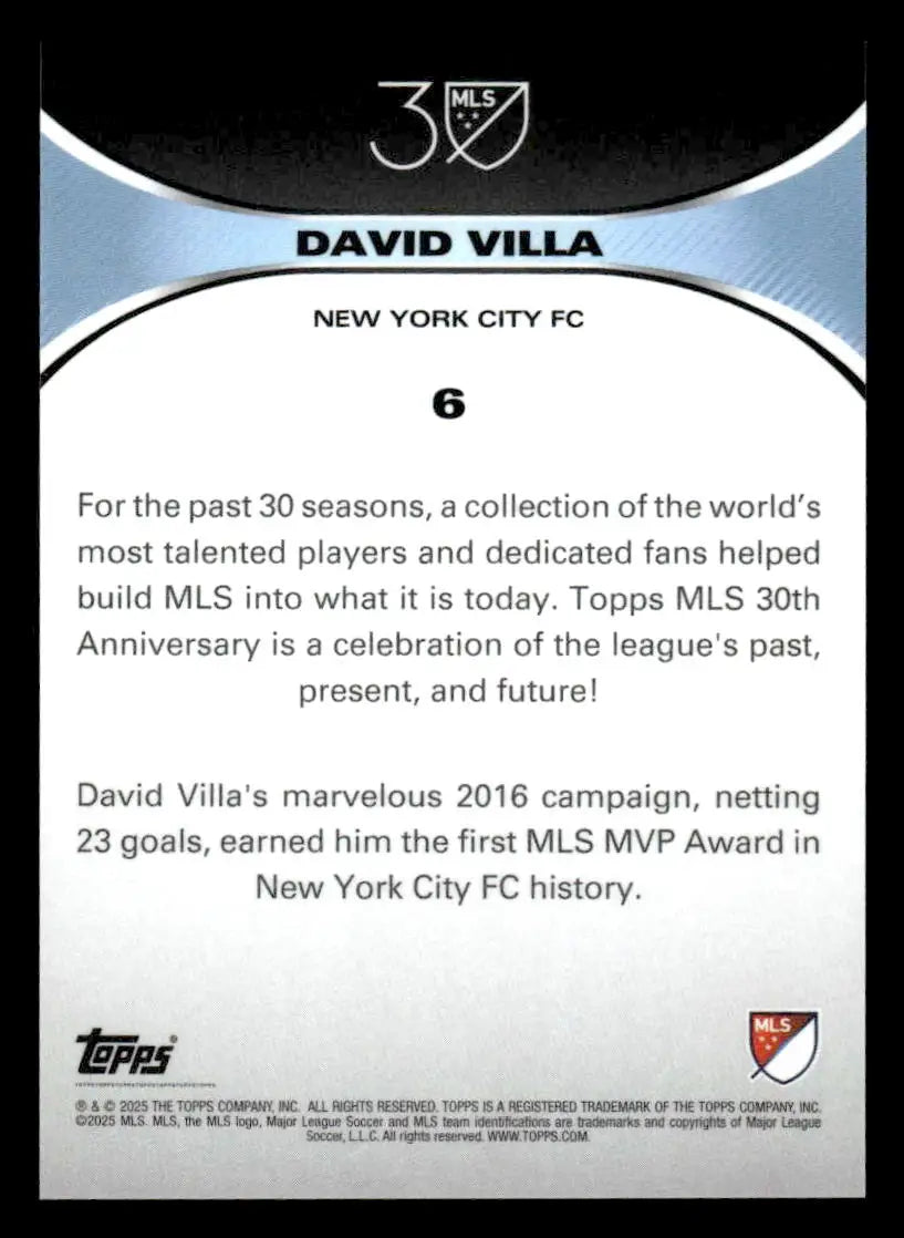 Back of 2025 Topps MLS 30th Anniversary Collection David Villa trading card
