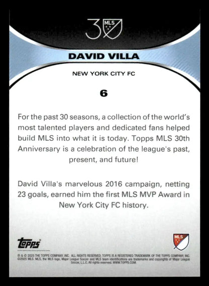 Back of 2025 Topps MLS 30th Anniversary Collection David Villa trading card