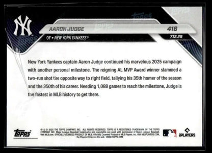 Baseball trading card of Aaron Judge celebrating 350-HR milestone for New York Yankees