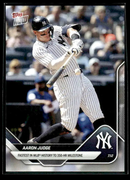 Baseball trading card of Aaron Judge mid-swing celebrating 350-hr milestone for New York Yankees
