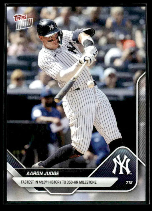 Baseball trading card of Aaron Judge mid-swing celebrating 350-hr milestone for New York Yankees