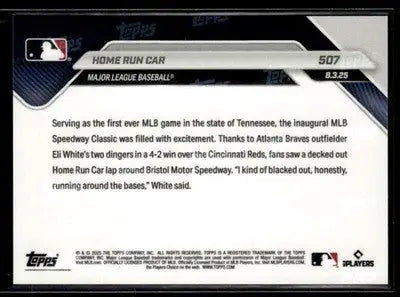 Back of a baseball trading card featuring 2025 Topps Now home run car design