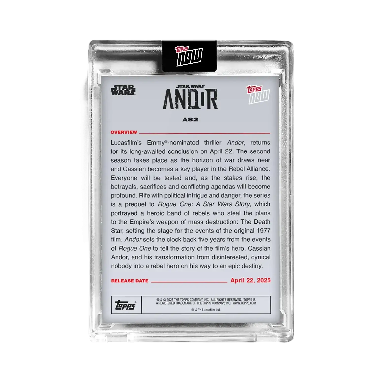 Encased Star Wars Andor trading card from 2025 Topps Now Star Wars Andor Season 2