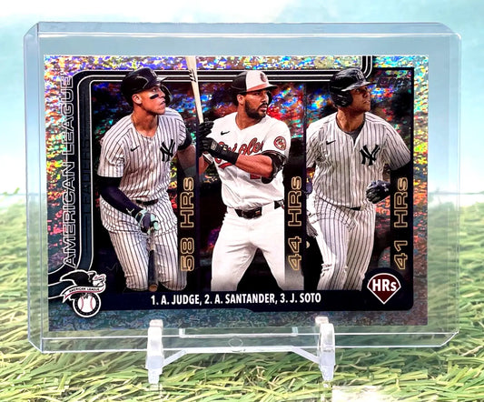 2025 Topps Series 1 American League HR Leaders Holo Foil card featuring Judge, Santander, Soto