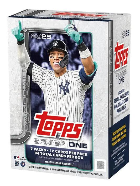 2025 Topps Series One baseball blaster box with unopened packs and top trading cards