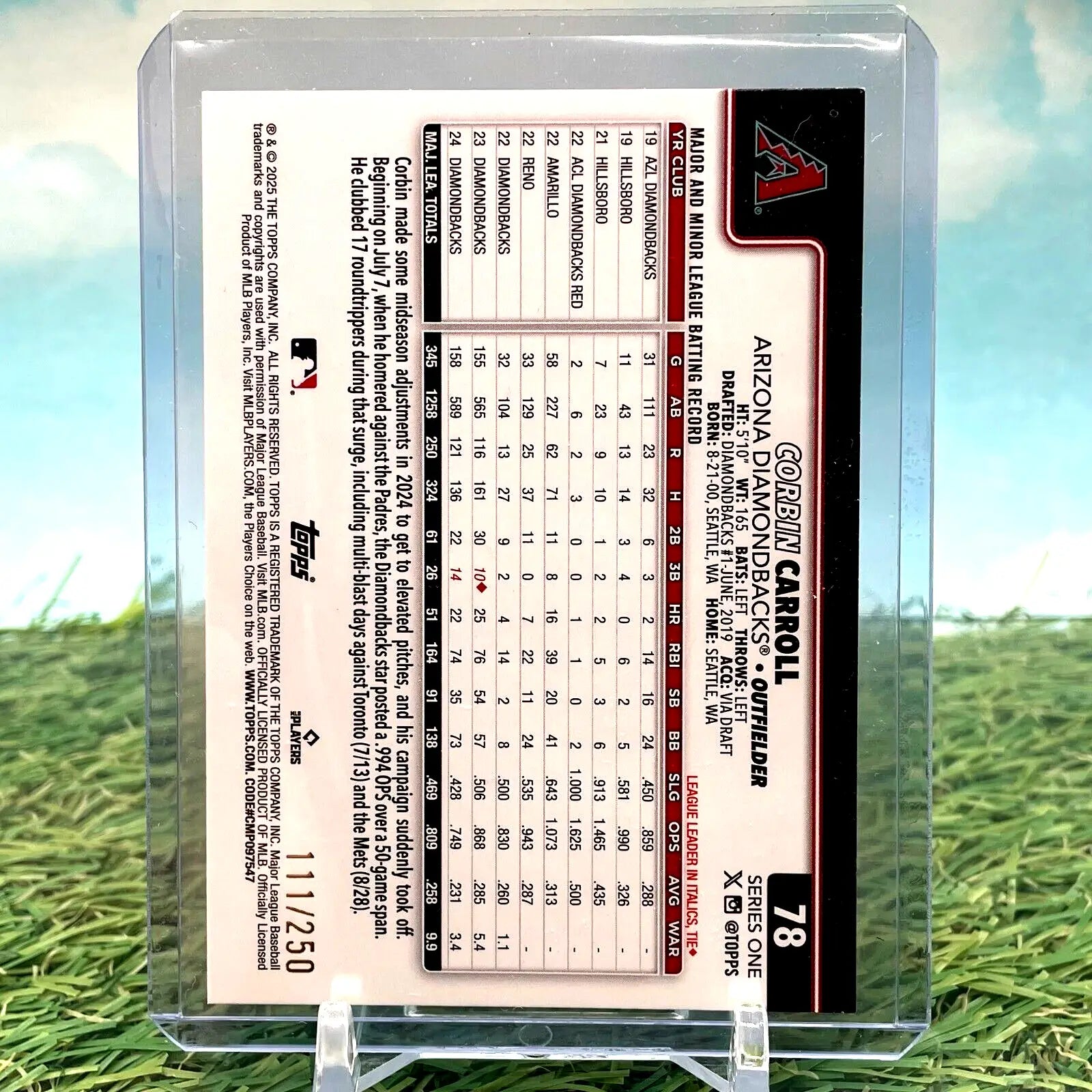 Corbin Carroll Purple Foil baseball card from 2025 Topps Series 1 /250 SP Arizona Diamondbacks