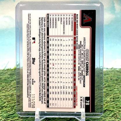 Corbin Carroll Purple Foil baseball card from 2025 Topps Series 1 /250 SP Arizona Diamondbacks