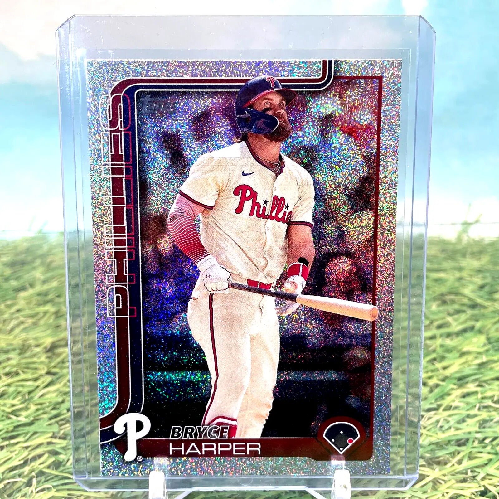 Bryce Harper baseball card from 2025 Topps Series 1 Sandglitter Rainbow Foil #250