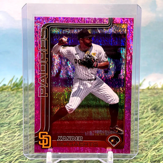 Xander Bogaerts baseball card in 2025 Topps Series 1 Pink Holo Foil Padres