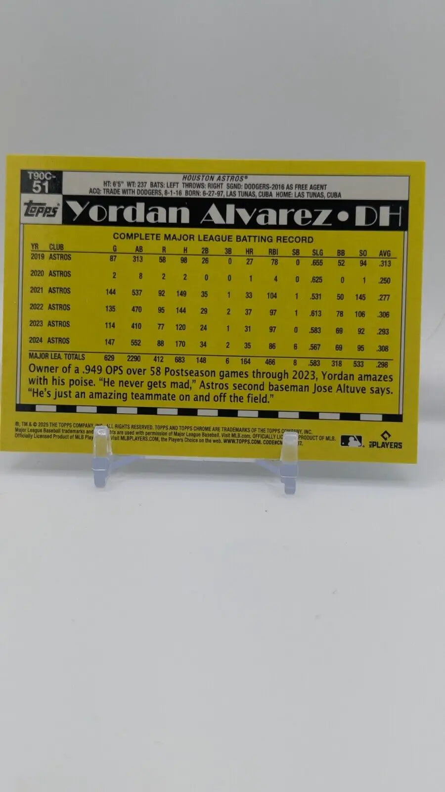Yordan Alvarez Chrome Silver Pack Mojo card from 2025 Topps Series 1 Astros collection