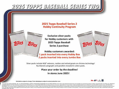 Baseball card promotion for 2025 Topps Series 2 Hobby Box with hobby exclusive rainbow foil parallels