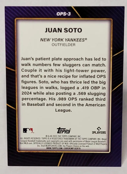 Juan Soto baseball card with blue holo foil from 2025 Topps Series 2