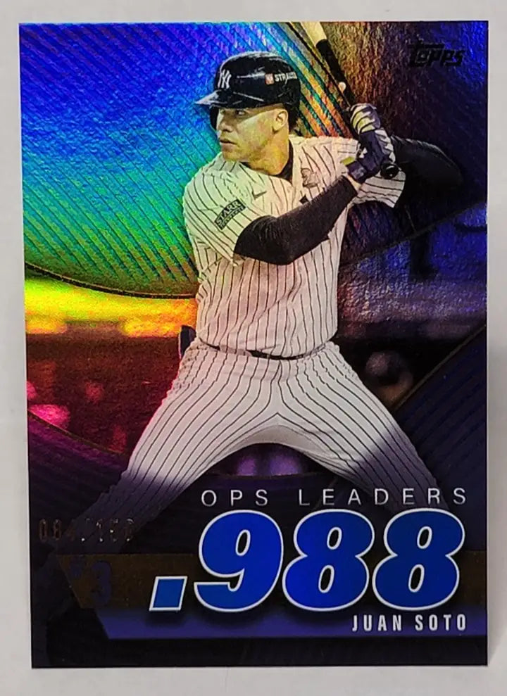 Juan Soto baseball card with blue holo foil from 2025 Topps Series 2