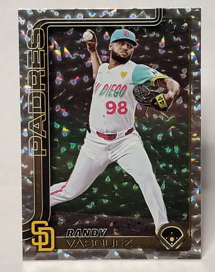 Randy Vasquez baseball card with shimmering black border on 2025 Topps Series 2 silver patterned foilboard