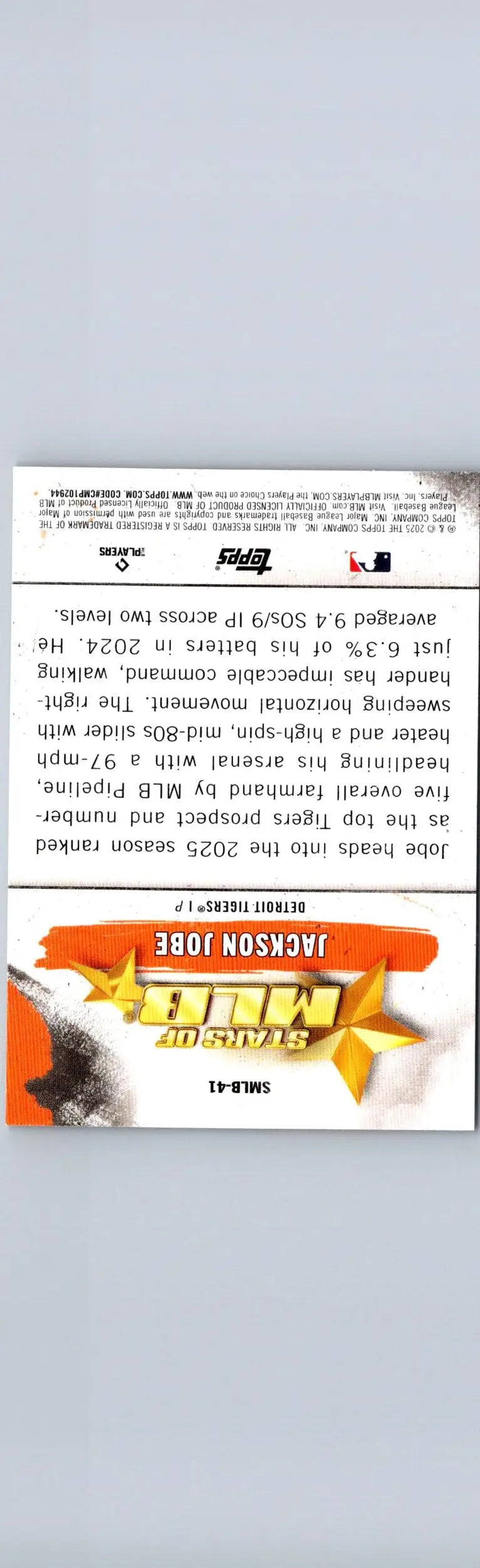 Jackson Jobe baseball card from 2025 Topps SMLB-41 featuring Jackson Jobe stars