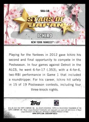 Baseball trading card featuring Ichiro Stars of Japan from 2025 Topps SOJ-18 Ichiro Stars