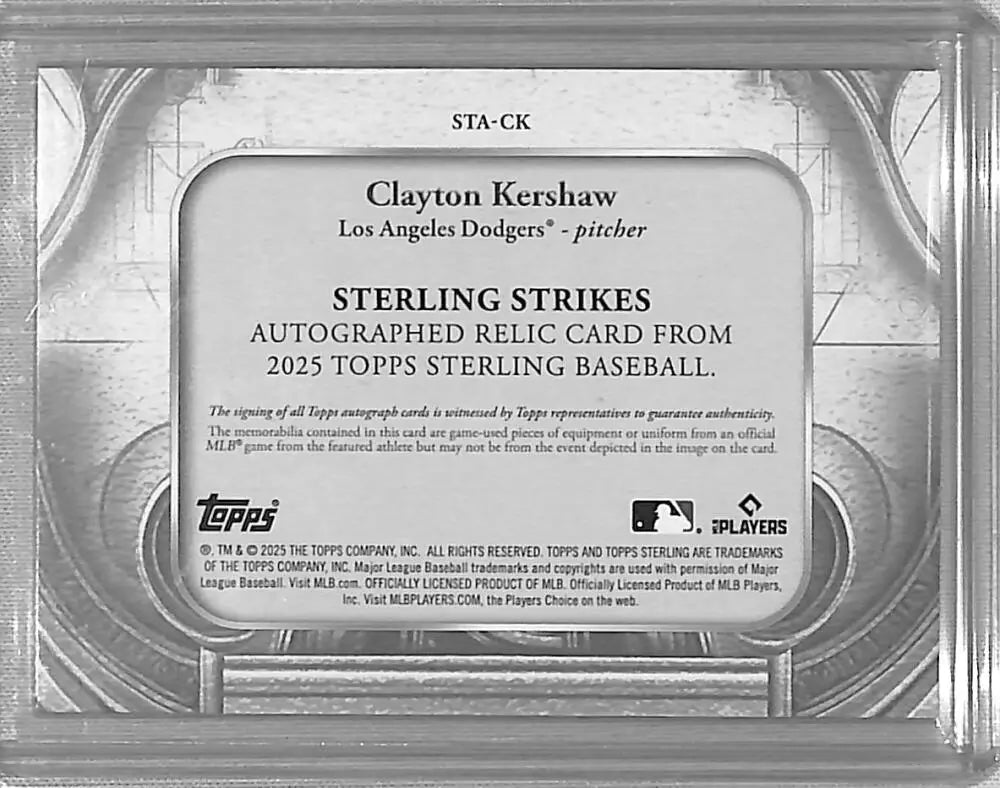 Clayton Kershaw autographed relic baseball card from 2025 Topps Sterling featuring Los Angeles Dodgers