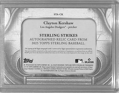 Clayton Kershaw autographed relic baseball card from 2025 Topps Sterling featuring Los Angeles Dodgers
