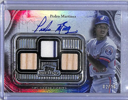 Pedro Martinez autographed baseball card with game-used bat and jersey swatches from Topps Sterling Strikes, numbered 02/10
