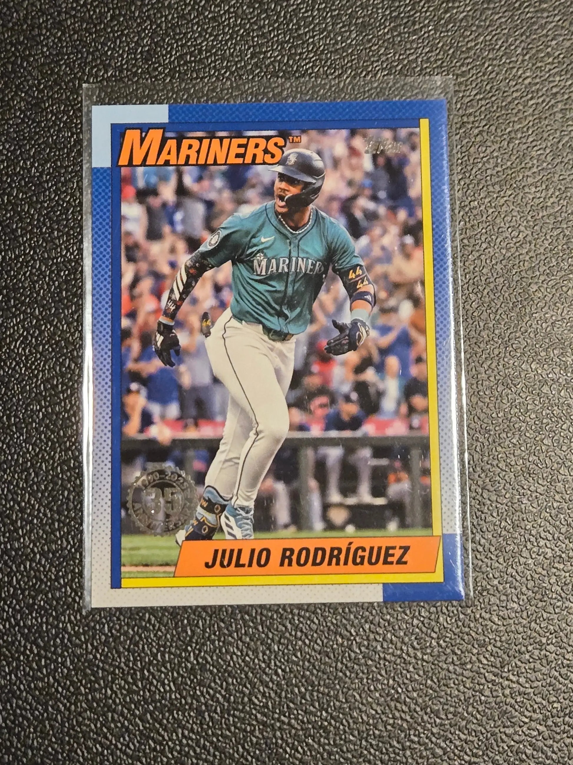 Baseball trading card of Julio Rodríguez in Mariners uniform for 2025 Topps #T90-42, baseball 35th anniversary