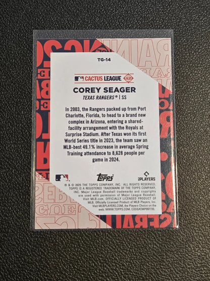 Baseball trading card of Corey Seager in clear sleeve from 2025 Topps Seager Training Grounds