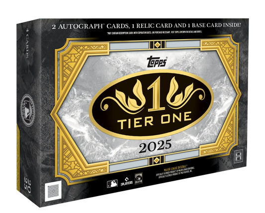 Black and gold 2025 Topps Tier One Baseball Hobby Box with autograph cards and relic card