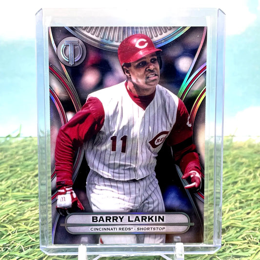 2025 Topps Tribute Barry Larkin baseball card featuring Cincinnati Reds refractor design