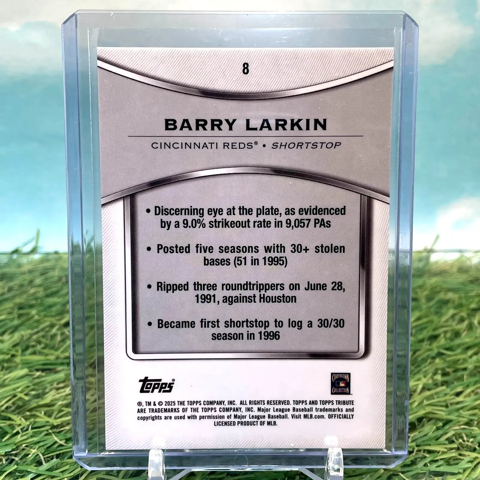 2025 Topps Tribute Barry Larkin baseball card featuring Cincinnati Reds refractor artwork